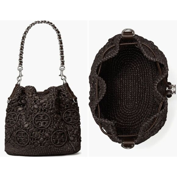 Tory Burch T MONOGRAM RAFFIA BUCKET BAG $630 - Picture 4 of 12